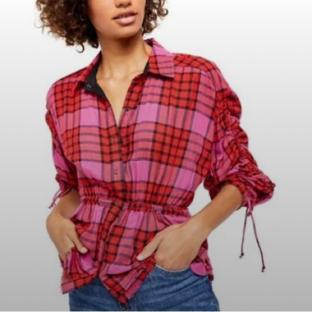 FREE PEOPLE | Womens Ruched Plaid 3/4 Sleeve Collared Button Up Top | Size: XS S